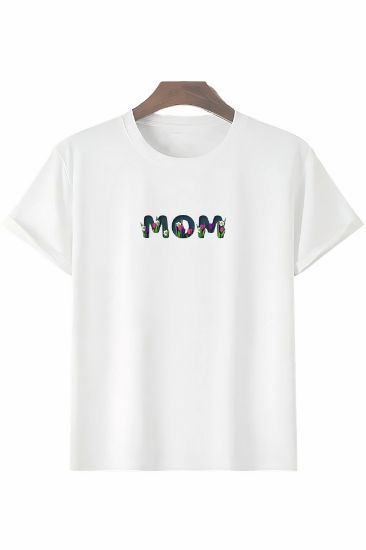 Anneler Gününe Özel Tasarım Mom Çiçek Baskılı T-shirt - Beyaz resmi
